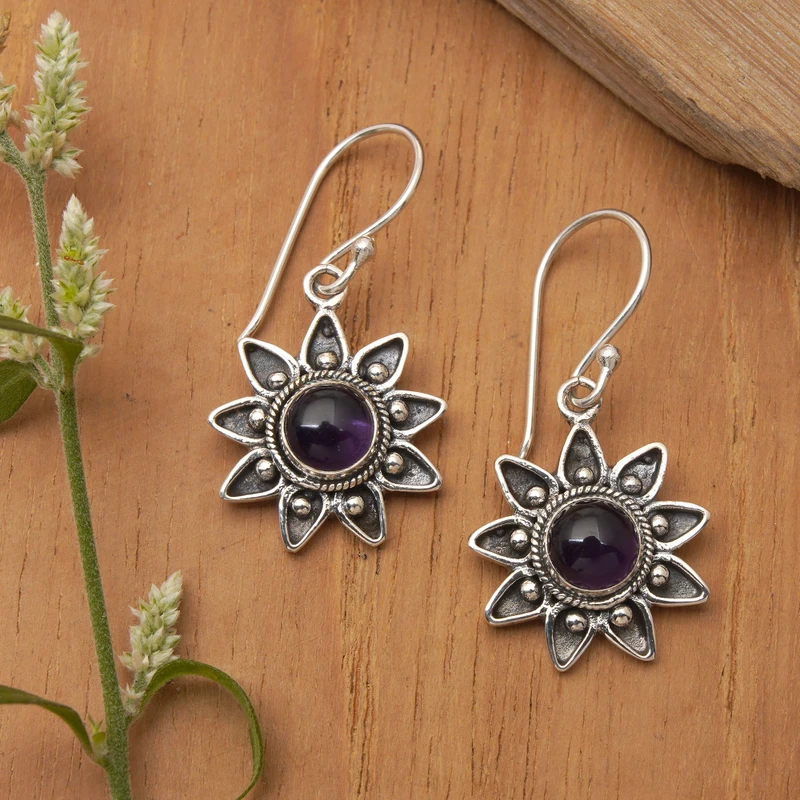 Blumenohrringe aus Sterlingsilber mit Amethyst, handgefertigt, Geschenk, Hochzeitsschmuck, Geschenk für sie