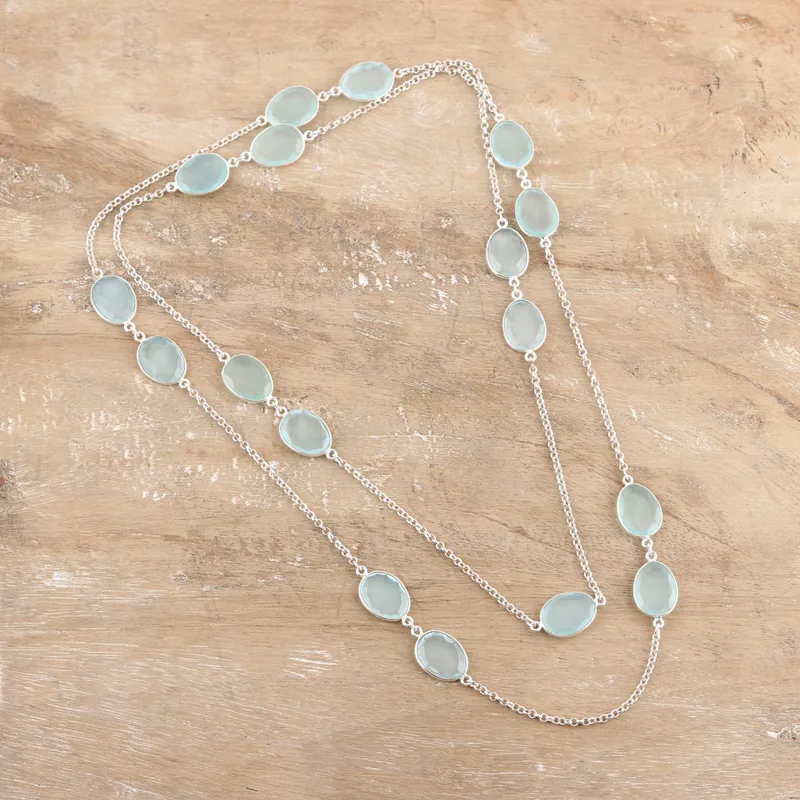 Aqua Chalcedon Halskette 925 Sterling Silber Handgemachte Zierliche Halsketten Böhmischer Schmuck Geschenk für Sie