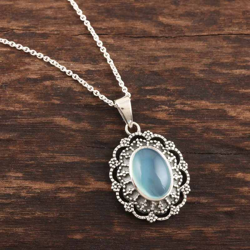 Aqua-Chalcedon Cabochon Sterling Silber Anhänger Halskette Handgefertigte Zierliche Halsketten Böhmischer Schmuck Geschenk Für Sie