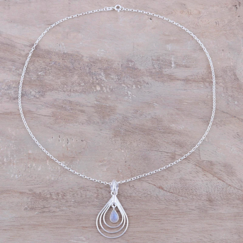 Magical Drop Regenbogenmondstein-Anhänger-Halskette 925 Sterling Silber Natürlicher Feuer-Regenbogen-Mondstein Geschenk für sie Geburtstagsgeschenk