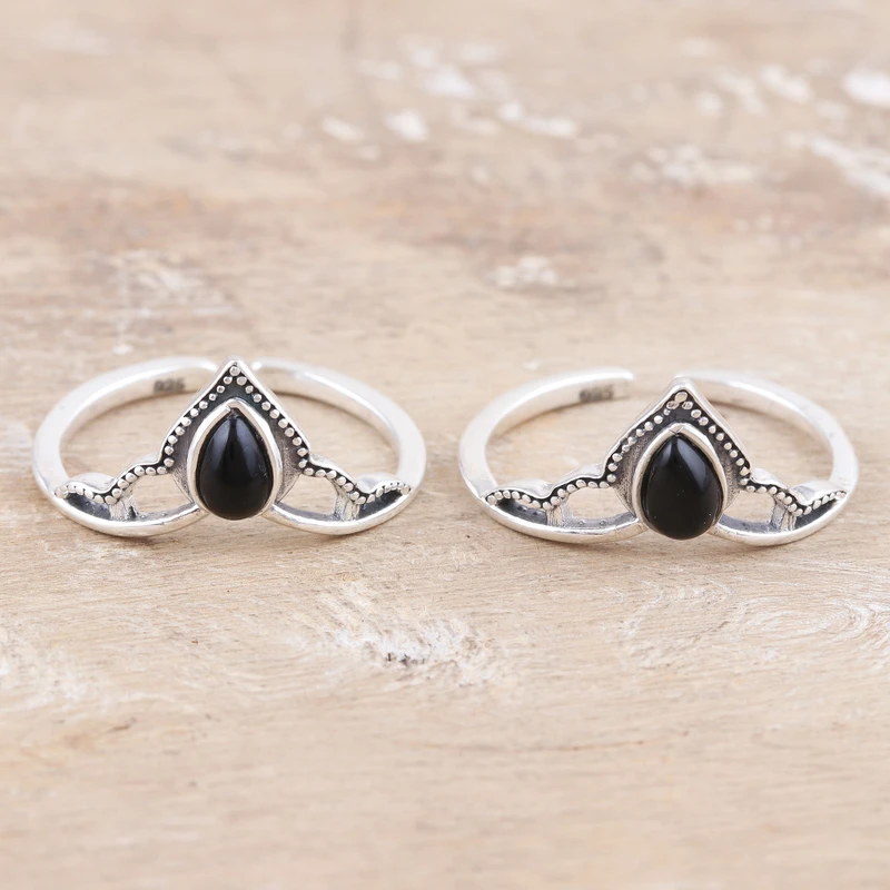 Schwarzer Onyx und Sterlingsilber Zehenringe 925 Sterlingsilber Verstellbarer Ring Handgefertigter Ring Damen Silberring Geschenk für Sie
