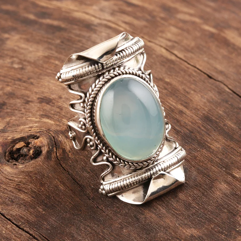 Breiter Ring Bandring Aqua Chalcedon Ring 925 Sterling Silber Boho Ring Blauer Edelstein Handgemachter Statement Silberring