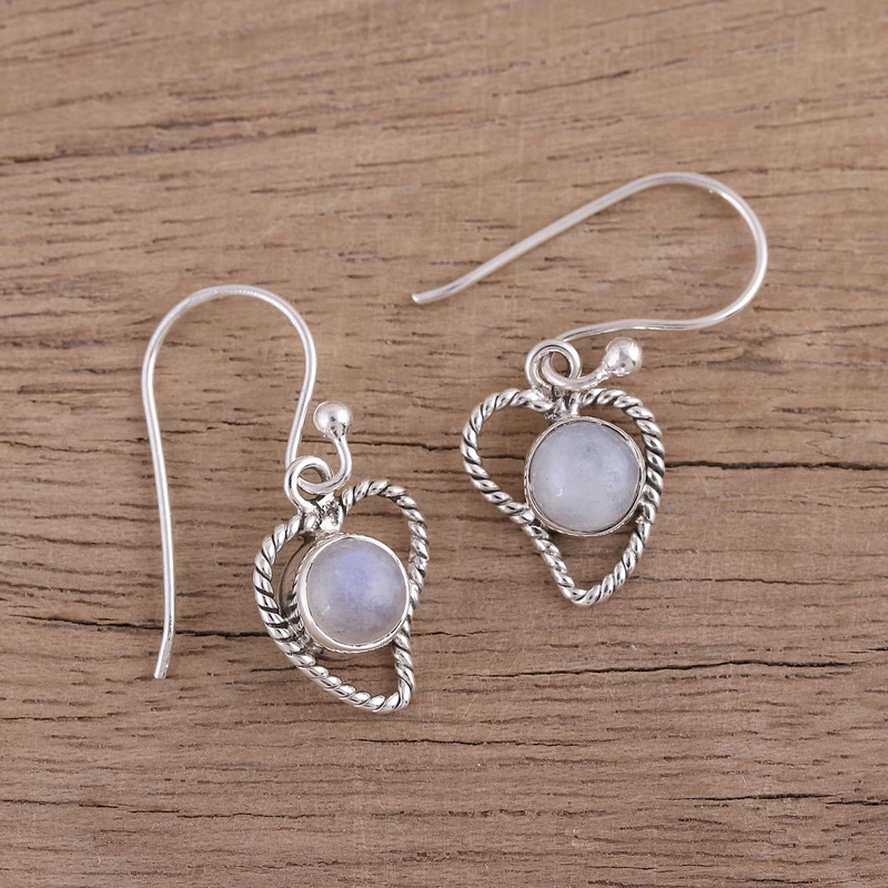 Regenbogen-Mondstein Abstrakte Herz-Ohrhänger Sterlingsilber 925 Handgefertigte Edelstein-Ohrringe Geschenk für Sie Geburtstagsgeschenk