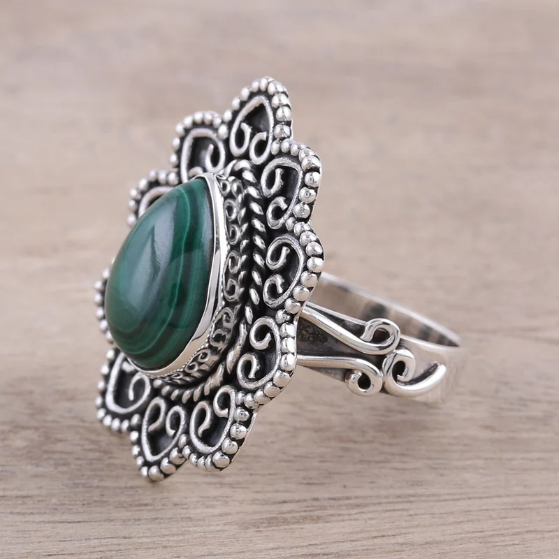 Malachite Teardrop and Sterling Silver Scrolls Cocktail Ring Natural Green Gemstone Ring Handmade Bohemian Jewelry Valentine Gift For Her Birthday Gift