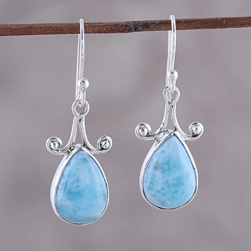 Tropfenförmige Larimar Ohrhänger 925 Sterling Silber Edelstein Ohrringe Handgefertigt Damen Hochzeit Ohrringe Geschenkidee