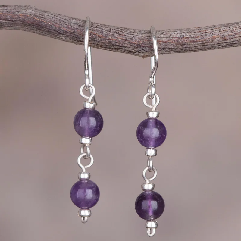 Baumelnde Ohrringe aus Sterlingsilber mit zwei Amethyst-Edelsteinen, handgemachte Ohrringe, Geschenkidee, Geburtstagsgeschenk, böhmischer Schmuck, Geschenk für sie