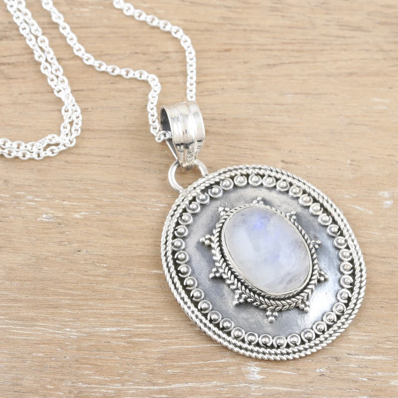 Klassische Harmonie Regenbogen Mondstein & Sterling Silber Anhänger Halskette Natürlicher Feuer Regenbogen Mondstein Geschenk Für Sie