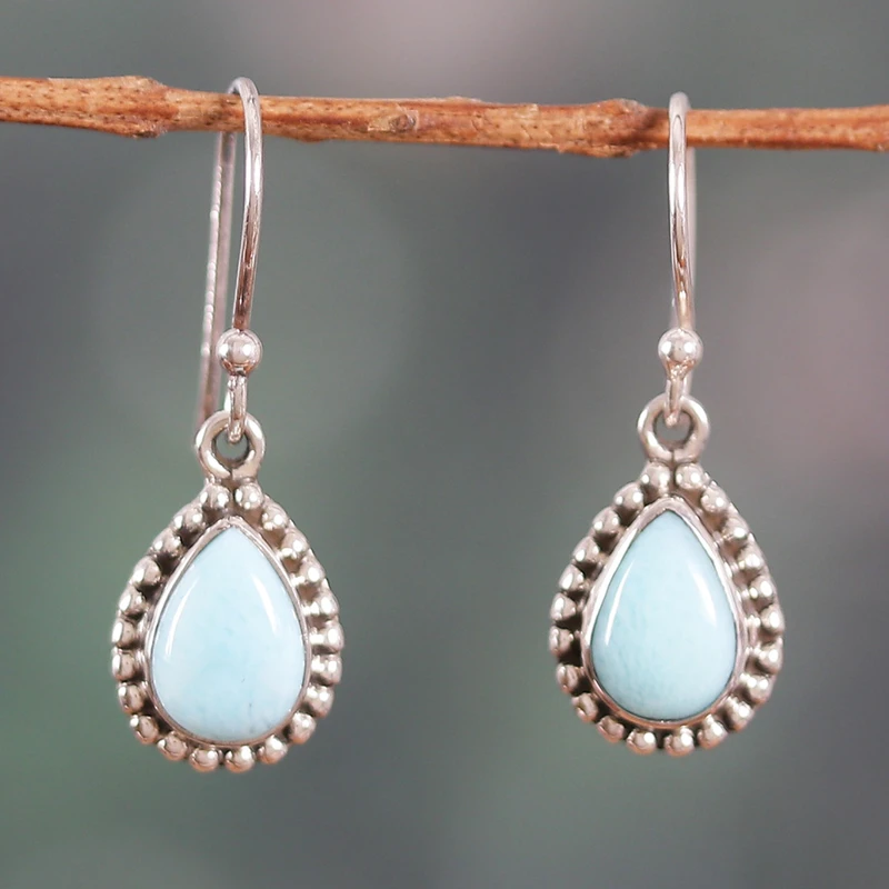 Larimar Tropfenförmige Ohrhänger 925 Sterling Silber Edelstein Ohrringe Handgemachte Boho Ohrringe Geschenk für Sie