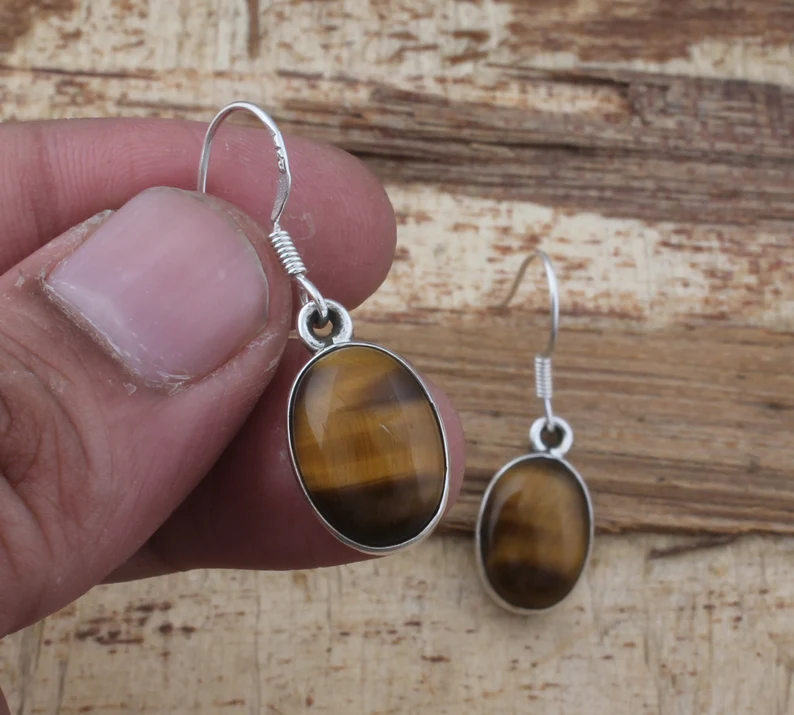 Ohrringe aus massivem 925er Sterlingsilber mit Tigerauge für Damen, handgefertigt, ovale Edelstein-Silberohrringe, Geschenke zum Muttertag, Alltags-Schmuck