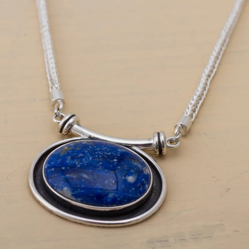 Mystischer Medaillon-Halskette aus blauem Lapislazuli 925er Sterling Silber Lapislazuli-Schmuck Handgemachter Schmuck Boho-Halskette Statement-Halskette Geschenk für sie Valentinstagsgeschenk