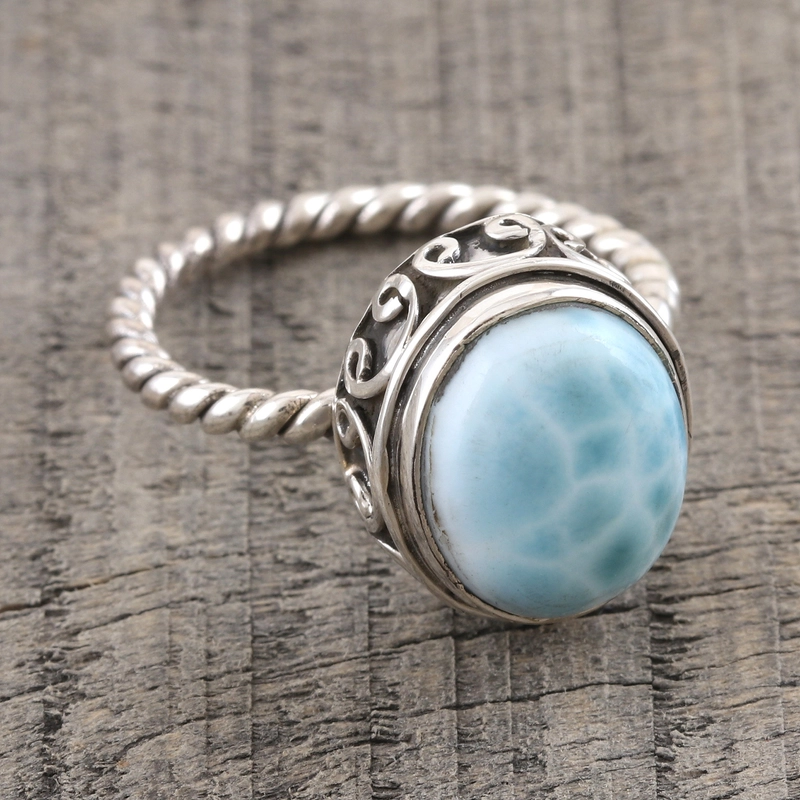 Ovaler Larimar Cabochon Sterling Silber Ring Handgemachtes Design 925 Sterling Silber Geschenk für sie & Mama