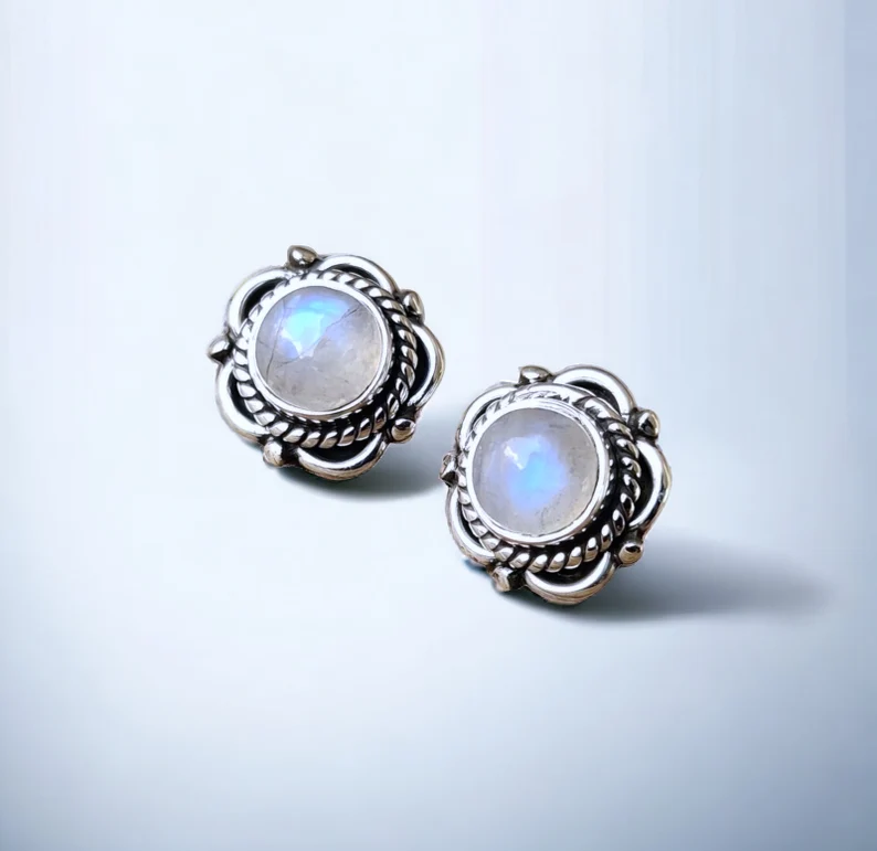 Runde florale Ohrstecker Regenbogen Mondstein Ohrstecker 925 Sterling Silber handgemachte Mondstein Ohrringe Mondstein Ohrstecker Geschenkidee
