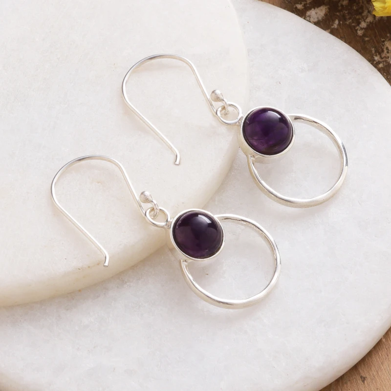 925 Sterling Silber Ohrhänger mit Amethyst Stein Handgemachte Ohrringe Geschenkartikel Geburtstagsgeschenk Bohemian Schmuck Geschenk für Sie
