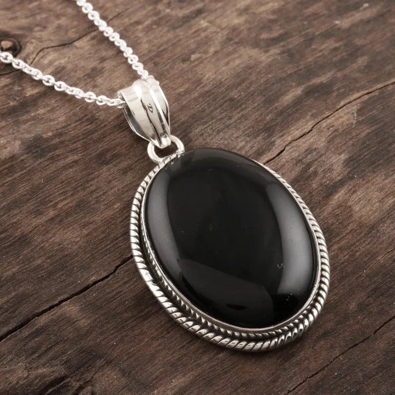 Zwarte Onyx Cabochon Hanger Ketting 925 Sterling Zilver Delicate Ketting Boheemse Sieraden Cadeau Voor Moeder & Haar