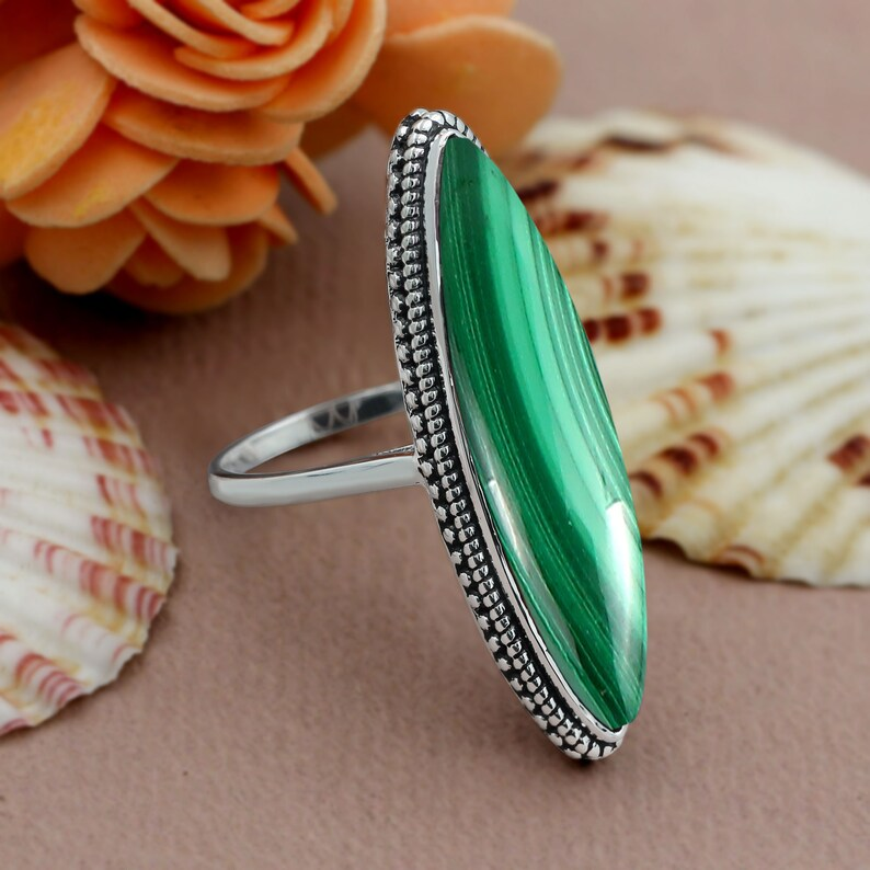 Natürlicher Malachit Marquise-Form Edelsteinringe 925 Sterling Silber Ring Böhmischer Vintage Ring Handgemachter Geburtssteinring Schmuck
