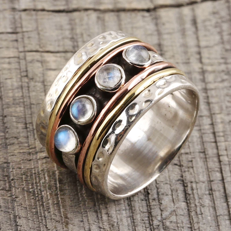 Natürlicher Regenbogen-Mondstein-Spinnerring aus Indien, handgefertigter Ring, Silberschmuck, böhmischer zarter Ring, Geschenk für sie, Geburtstagsgeschenk