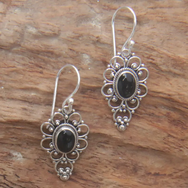 Blumen-Onyx-Ohrhänger aus Sterlingsilber, handgefertigte Ohrringe für Damen, Geschenke für Mama & Sie, Böhmischer Schmuck