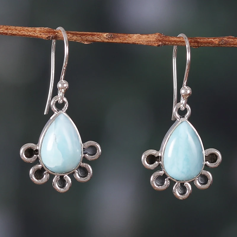 Handgefertigte Boho Ohrringe Sterling Silber Hängeohrringe mit Larimar Steinen Edelsteinohrringe Geschenkidee