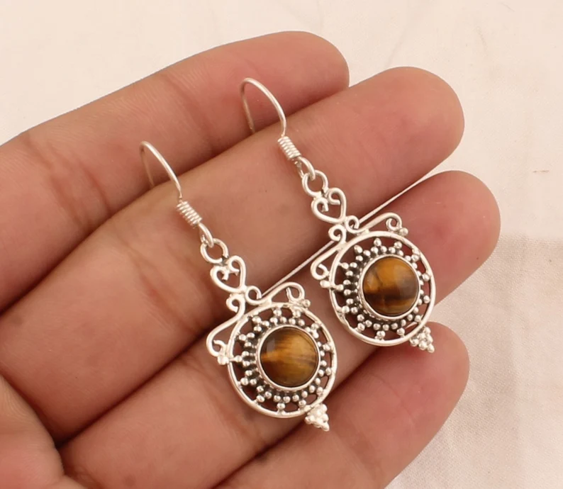 Tijgeroog Massief 925 Sterling Zilveren Oorbellen Voor Vrouwen Handgemaakte Zilveren Designer Ronde Steen Creolen Cirkel Zon Oorbellen Cadeaus Bruiloft