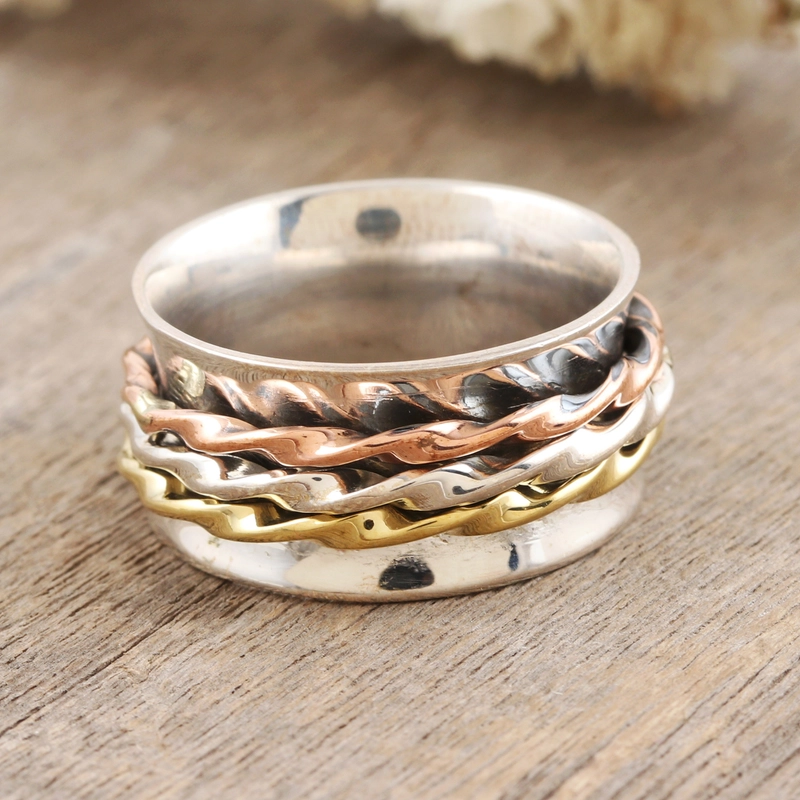 Meditations-Spinner-Ring aus Messing und Kupfer, handgefertigt aus 925er Sterlingsilber, Geschenk für sie