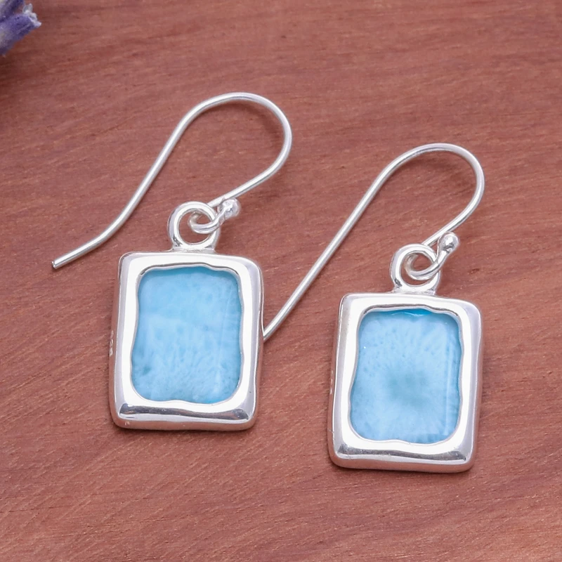 Moderne Larimar Sterling Silber Quadratische Ohrhänger Edelstein Ohrringe Handgemachte Boho Ohrringe Geschenk Für Sie