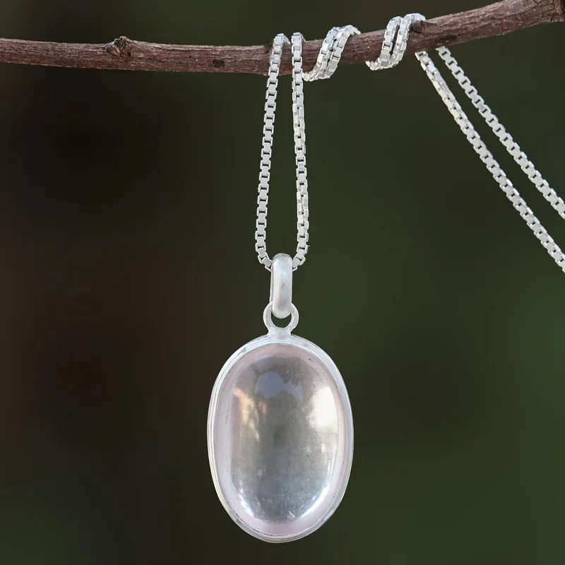 Ovale Rosenquarz-Anhänger-Halskette 925er Sterling Silber Halskette für Frauen handgemachte Boho Halsketten Geschenke für Sie