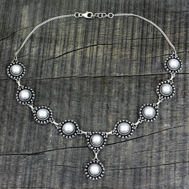 Schöne runde Perlenkette 925 Sterling Silber Süßwasserperlen Schmuck Handgemachter Schmuck Boho Halskette Geschenk Für Sie Valentinstagsgeschenk