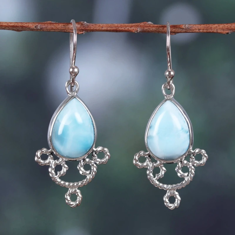 Ohrhänger aus Sterlingsilber mit Larimar-Steinen Edelstein-Ohrringe Handgefertigte Boho-Ohrringe Geschenkidee