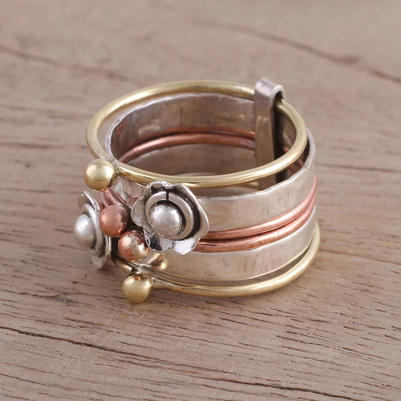Blumen-Design Sterlingsilber Unisex Spinner Meditationsring Silberschmuck Handgemachter Böhmischer Zarter Ring Geschenk für Sie Geburtstagsgeschenk