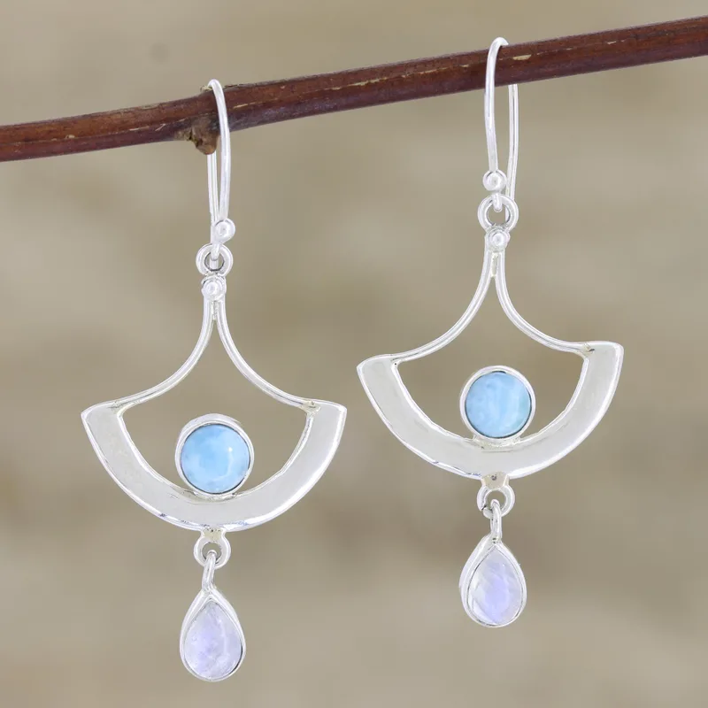 Larimar und Regenbogen-Mondstein Ohrhänger 925 Sterling Silber Ohrringe Handgefertigte Edelsteinohrringe Geschenk für Sie