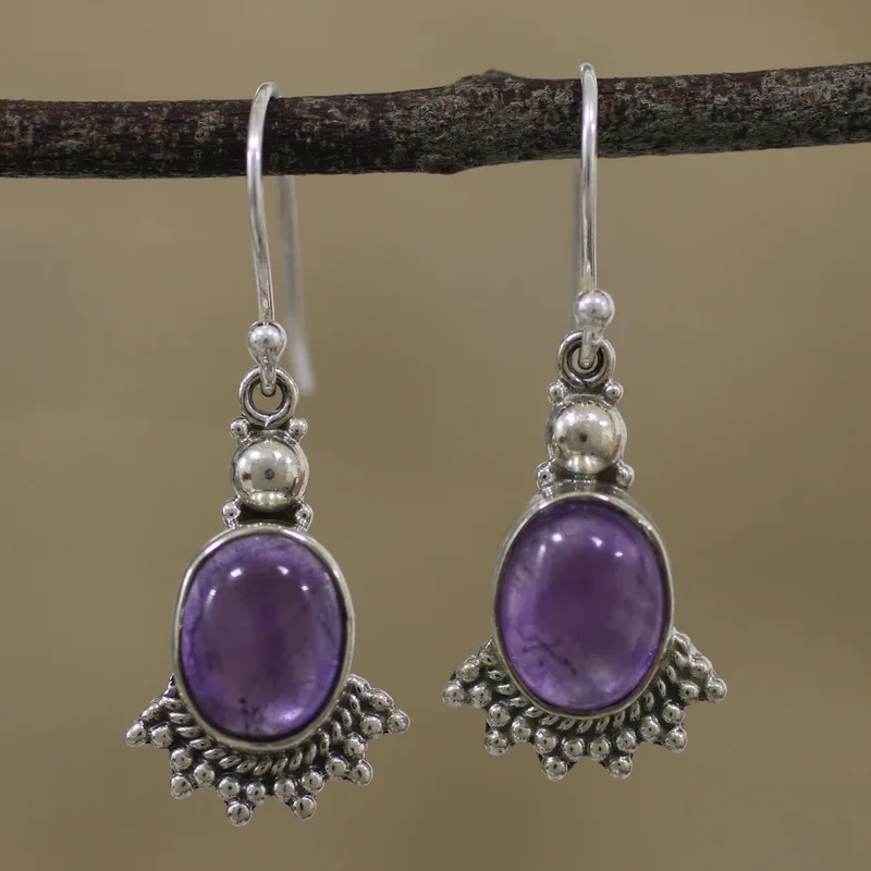 Fächerförmige lila Amethyst-Ohrhänger, handgefertigte Ohrringe, Geschenkidee, Geburtstagsgeschenk, böhmischer Schmuck, Geschenk für Ehefrau und Mutter