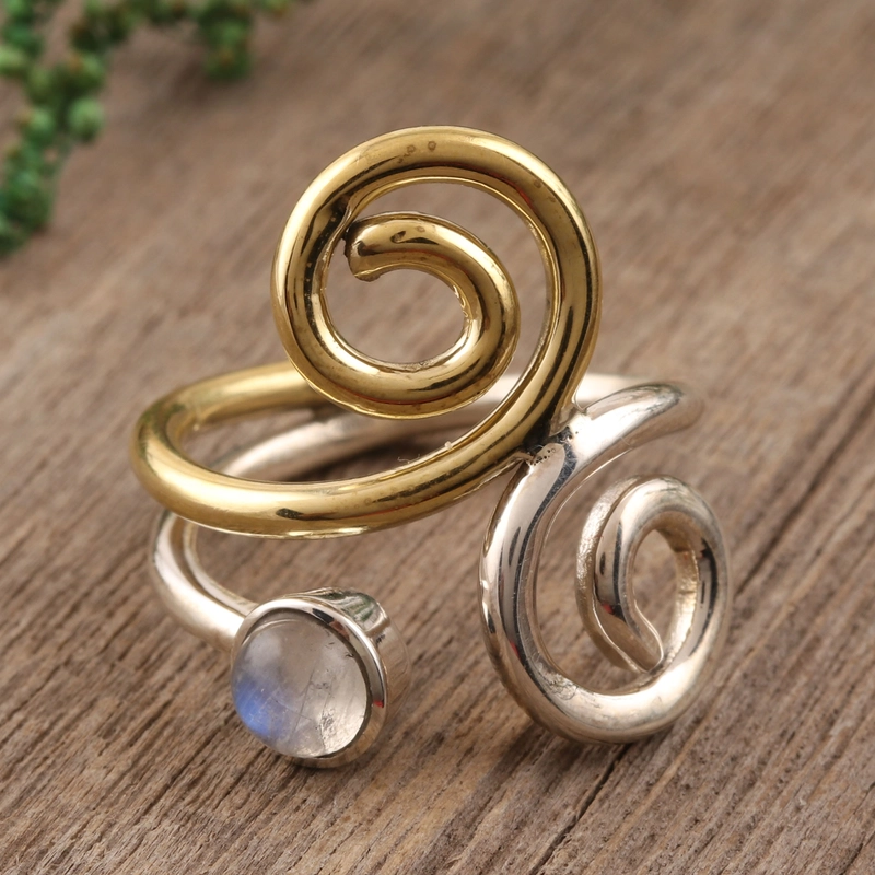 Regenbogen-Mondstein-Ring aus Sterlingsilber und Messing, handgefertigter 925er Sterlingsilberring, Geschenk für sie und Mutter