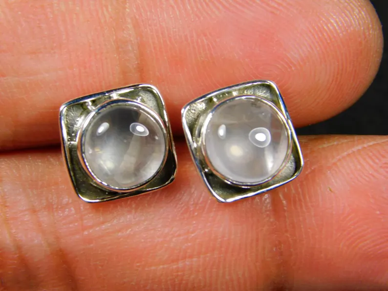 Echte 925 Sterling Silber Ohrstecker Quadratisch mit Natürlichem Rosenquarz Edelstein Minimalistischer Silberschmuck Handgemachtes Geschenk für Sie