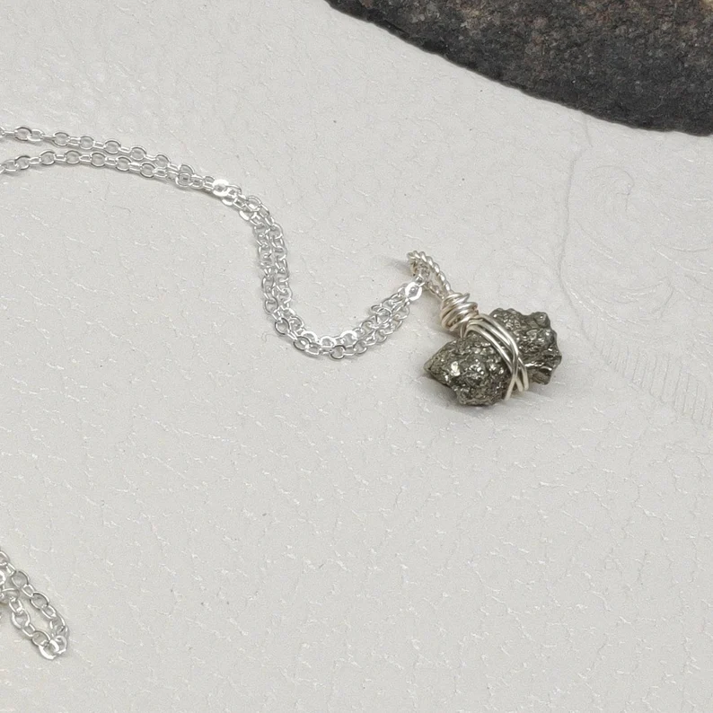 Raw Pyrite Necklace Wire Wrapped Crystal Pendant Rough Pyrite Cubes Cluster Women Jewelry Gift for Girlfriend