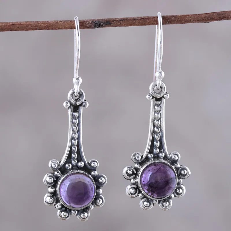 Amethyst- und Sterlingsilber-Ohrhänger aus Indien, handgefertigte Ohrringe, Geschenkidee, Geburtstagsgeschenk, böhmischer Schmuck, Geschenk für sie