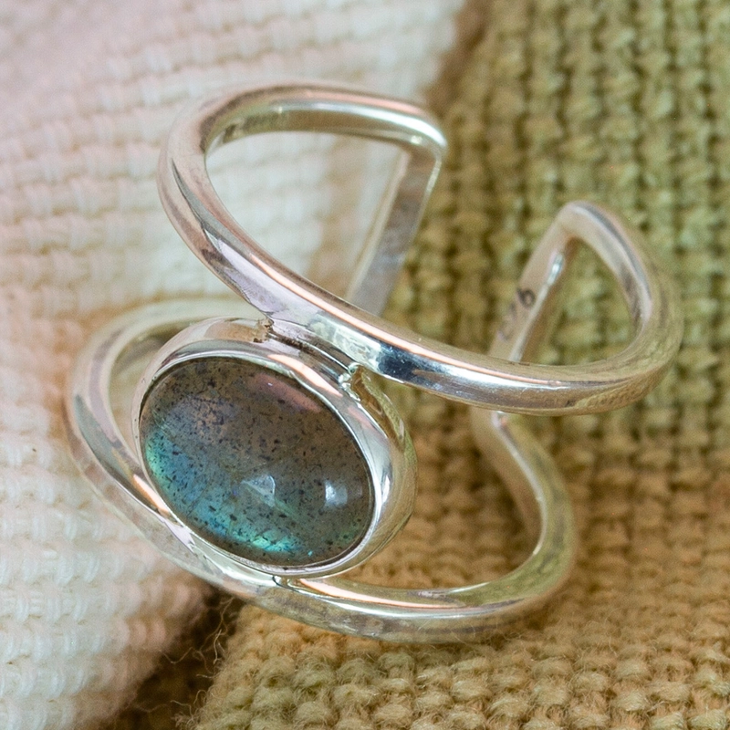Moderner Wickelring mit Labradorit-Stein, handgefertigter Designer 925 Sterling Silber Ring, Geschenk für Sie und Mama