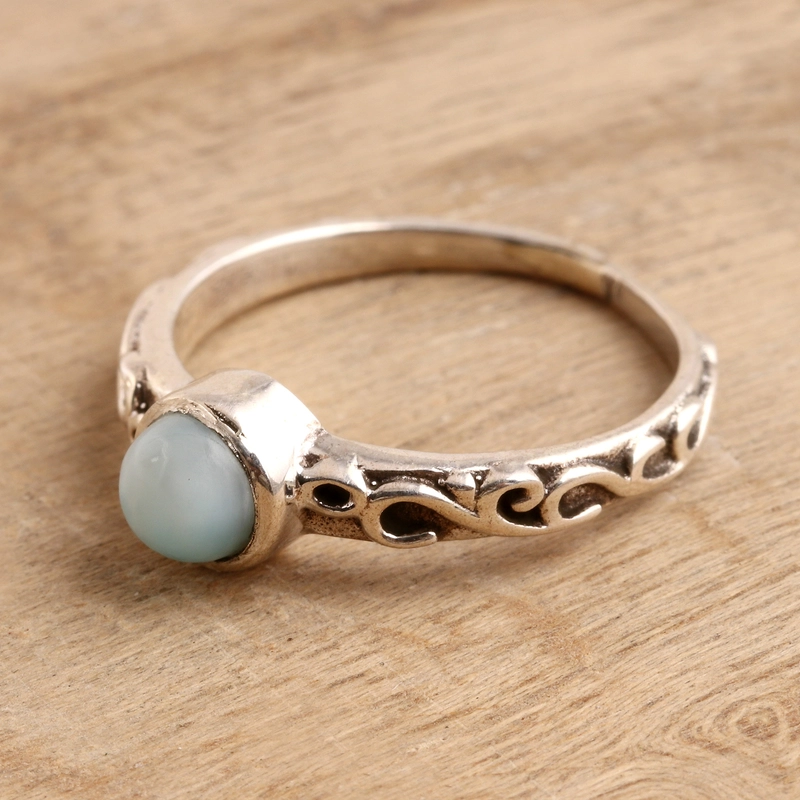 Golfpatroon Larimar Solitaire Ring Handgemaakt Ontwerp 925 Sterling Zilver Cadeau Voor Haar & Mama