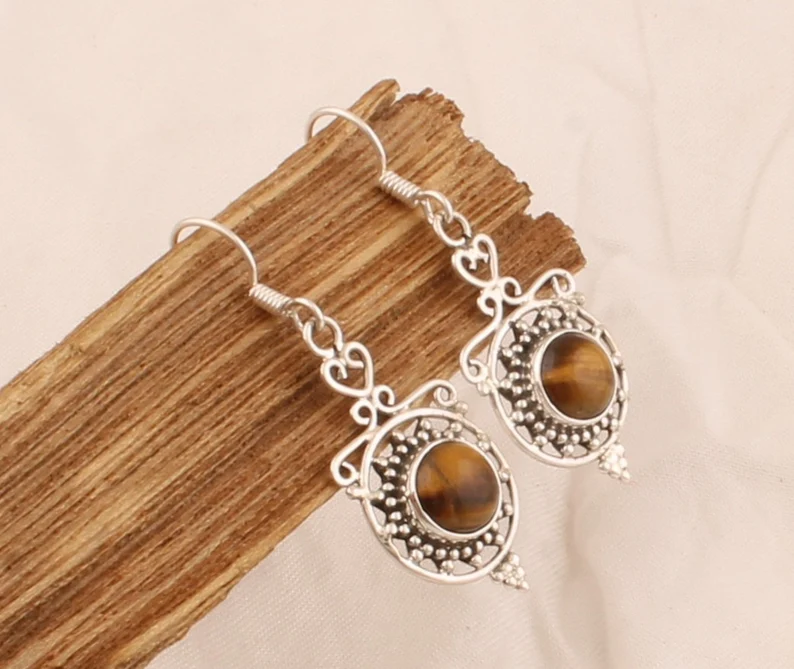 Tijgeroog Massief 925 Sterling Zilveren Oorbellen Voor Vrouwen Handgemaakte Zilveren Designer Ronde Steen Creolen Cirkel Zon Oorbellen Cadeaus Bruiloft