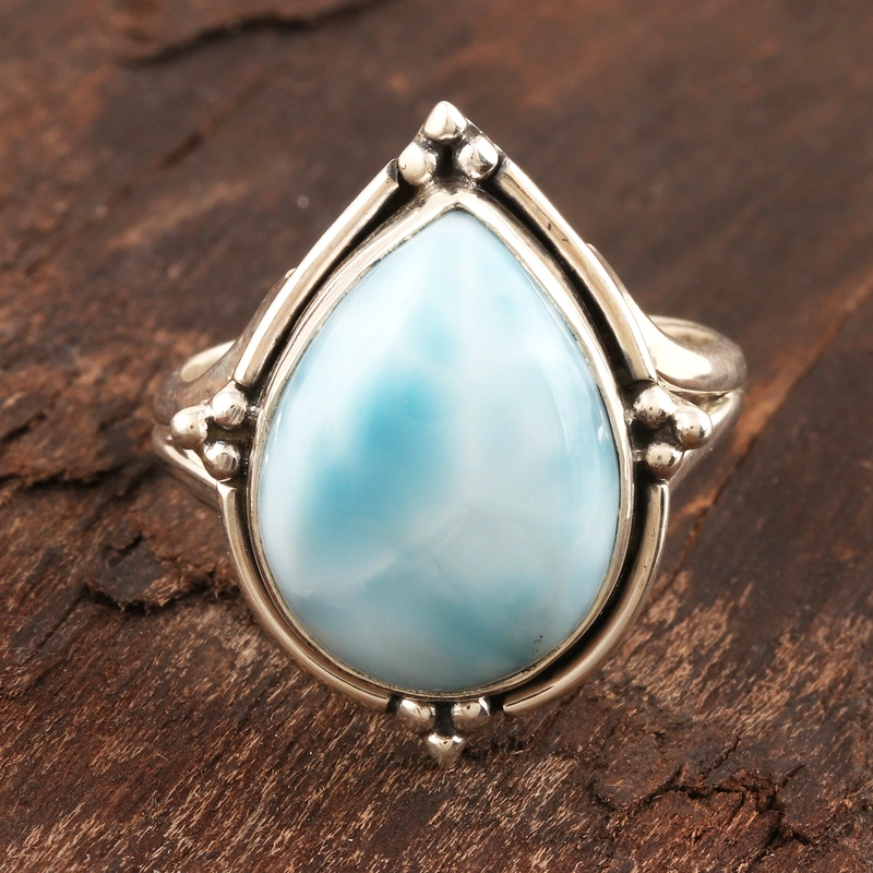 Birnenförmiger Larimar und Cocktailring aus Sterlingsilber, handgefertigtes Design, 925er Sterlingsilber, Geschenk für sie und Mama