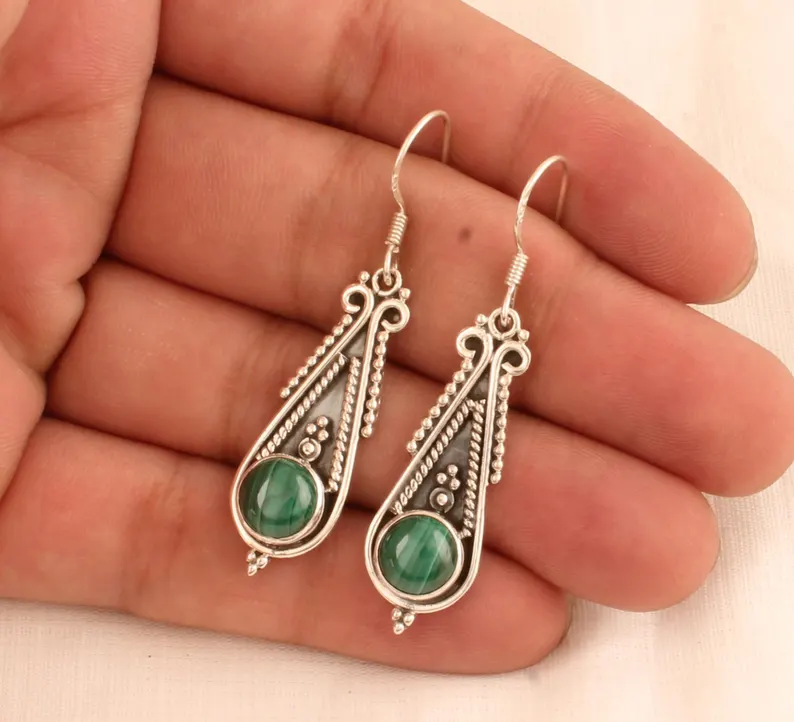 Malachite Silver Earrings Solid 925 Sterling Silver Earrings Dainty Earring Gemstone Earrings Handmade Earrings Dangling Earrings