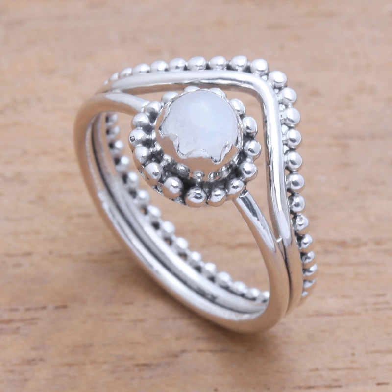 Handgemachter Dot Regenbogen-Mondstein-Ring 925 Sterling Silber Geschenk Für Sie & Mama