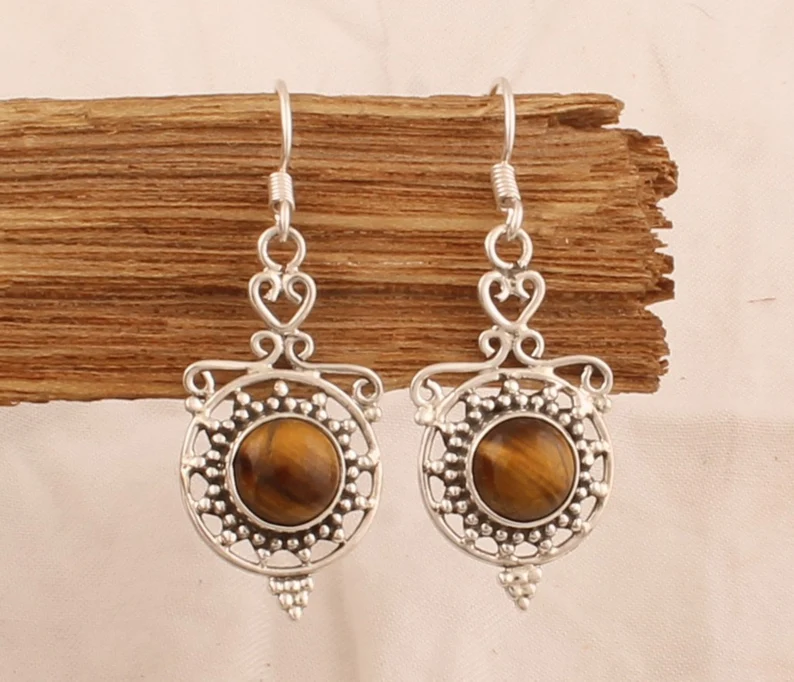 Tijgeroog Massief 925 Sterling Zilveren Oorbellen Voor Vrouwen Handgemaakte Zilveren Designer Ronde Steen Creolen Cirkel Zon Oorbellen Cadeaus Bruiloft