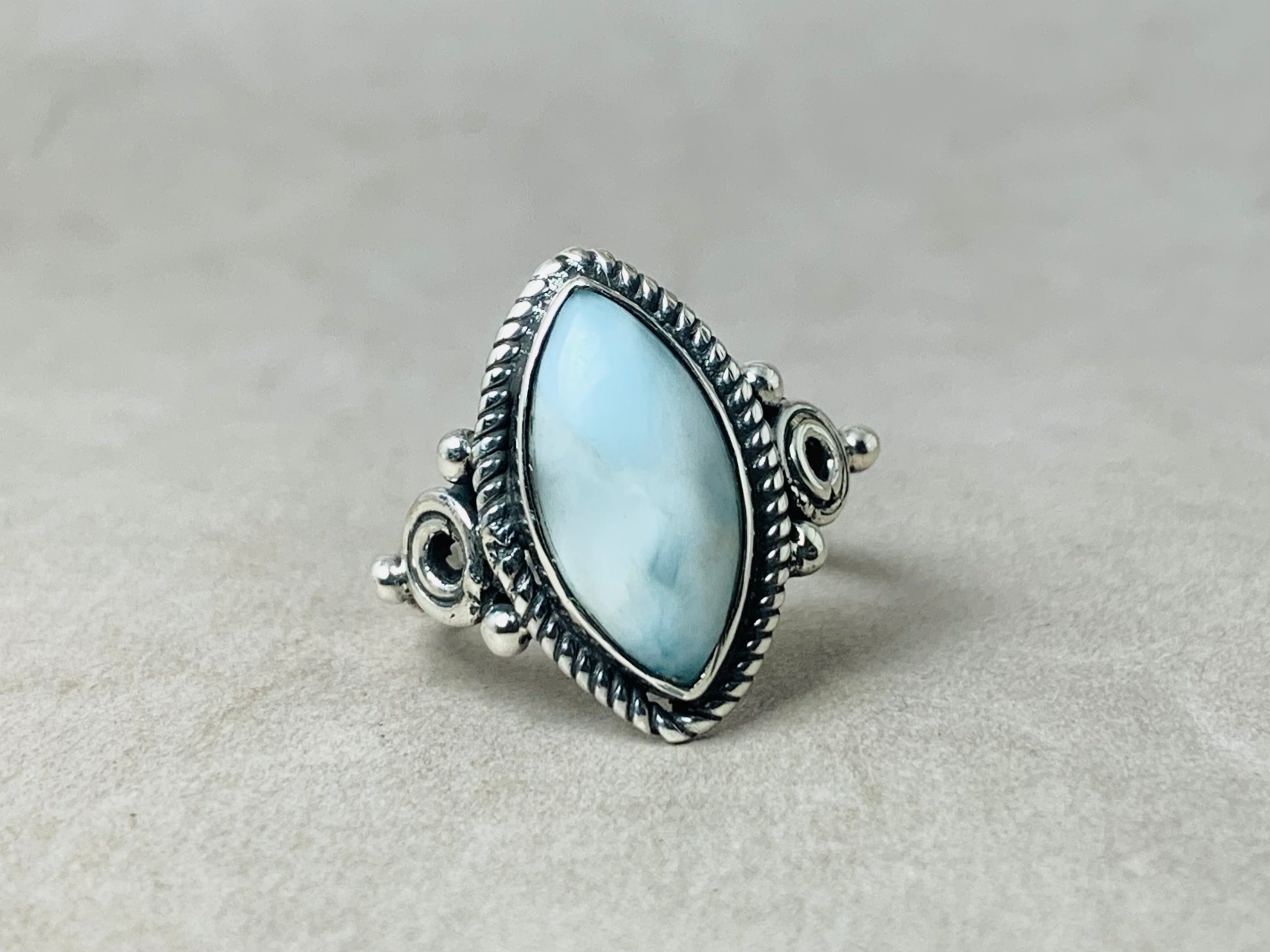 Marquise-Form Natürlicher Larimar Handgemachter Ring 925 Silberring Einzigartiger Statement Ring Zarter Damenring Edelsteinring