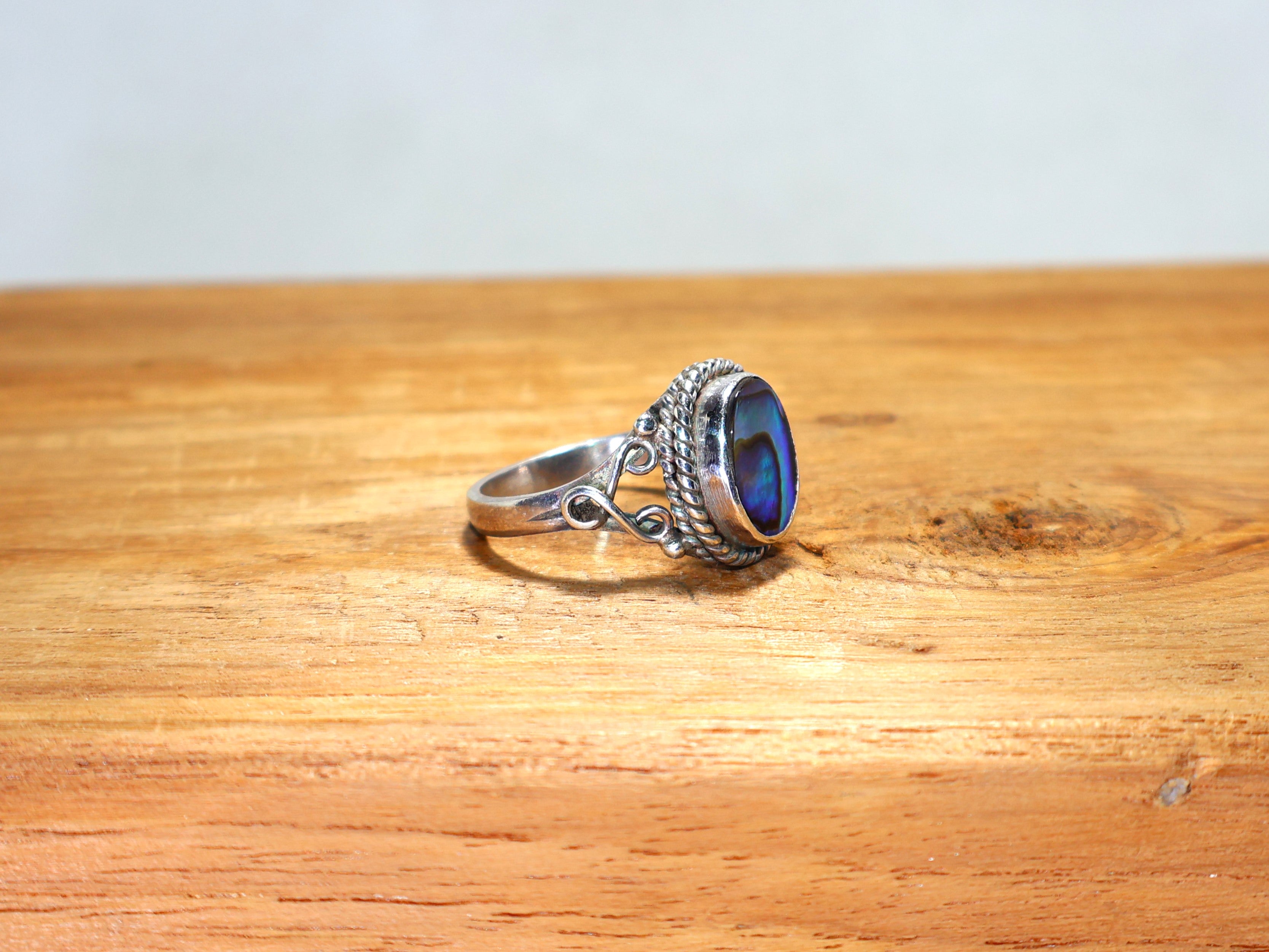 Damenring aus 925er Sterlingsilber mit Abalone-Muschel, minimalistischer Ring, Ring mit ovalem Naturstein, Jubiläumsgeschenk für Frauen