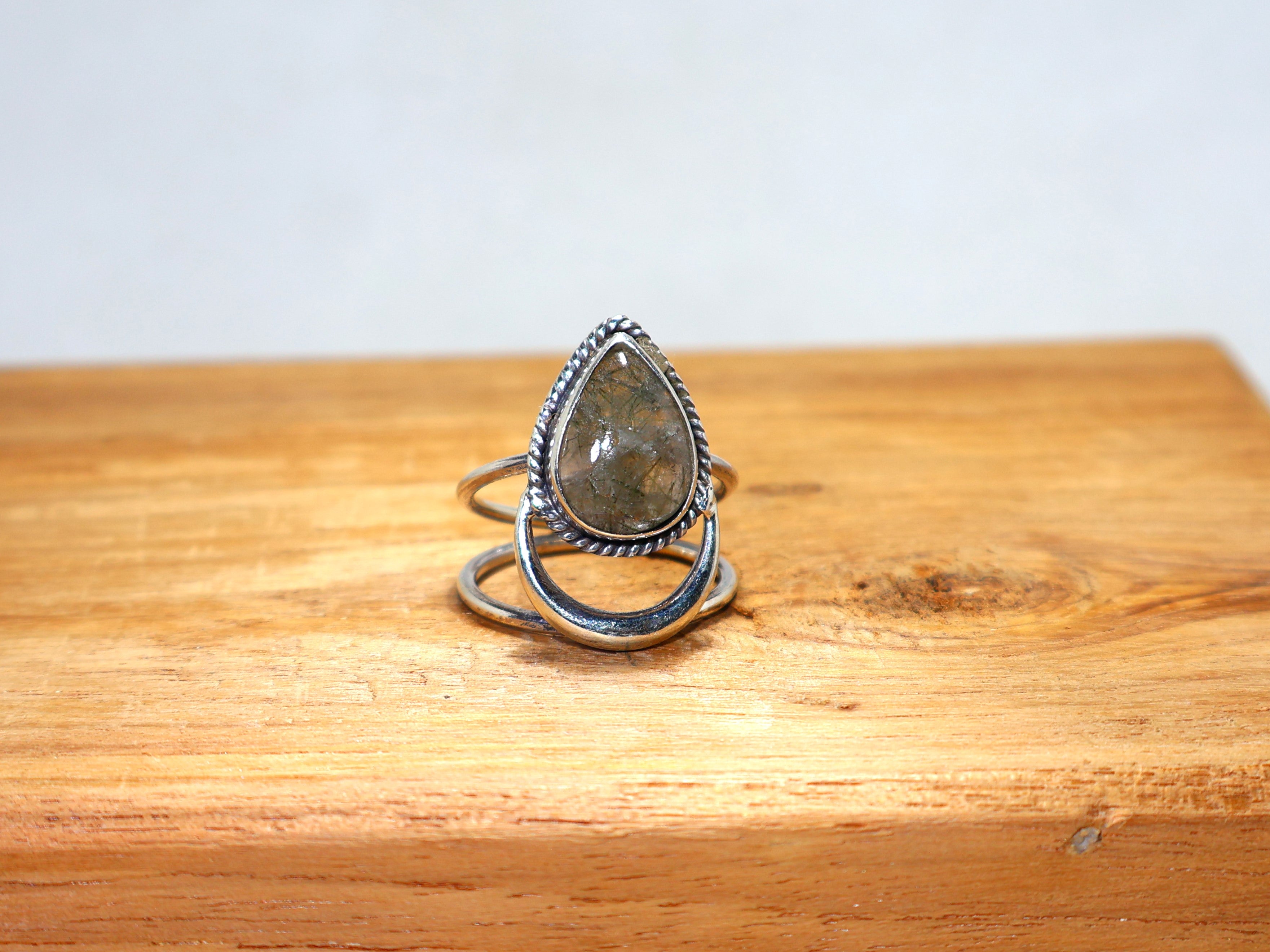 Schwarzer Rutilquarz Edelstein Silberring 925 Sterling Silber Tropfenförmiger Edelsteinring Designer Handgemacht Damen Geschenk für Frauen Geburtssteinring