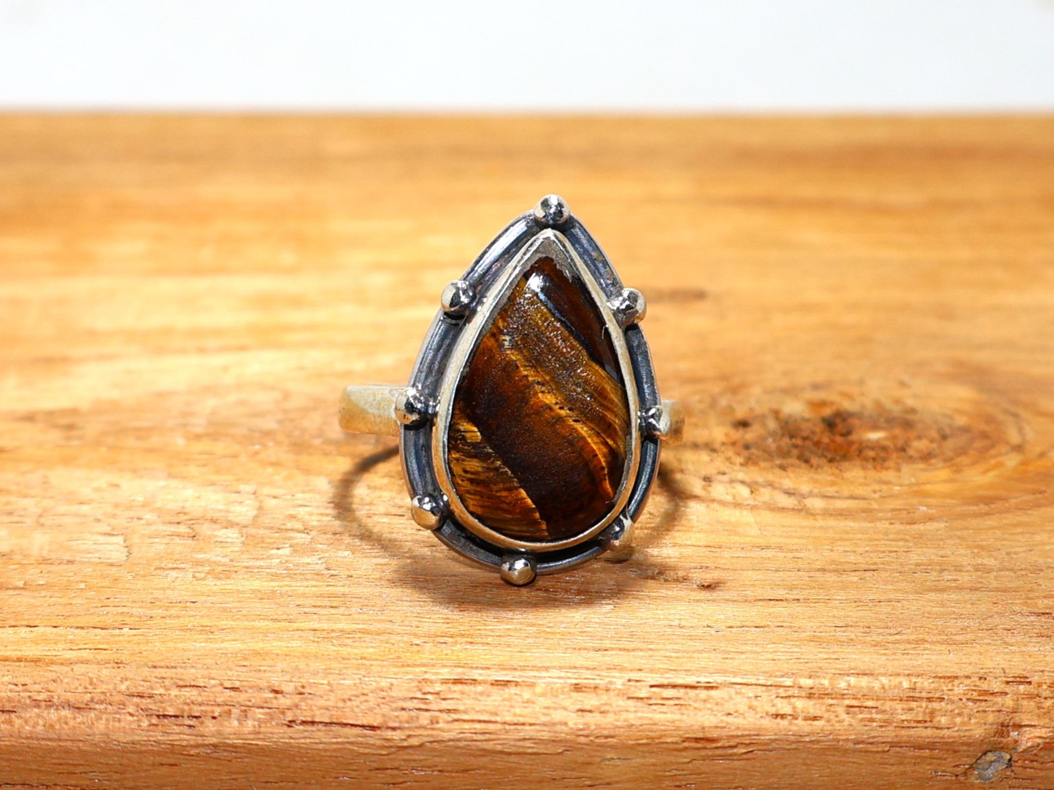Natürlicher Tigerauge Ring Handgemachter Ring 925 Sterling Silber Ring Versprechensring Birnen-Edelstein Einzigartiger Ring