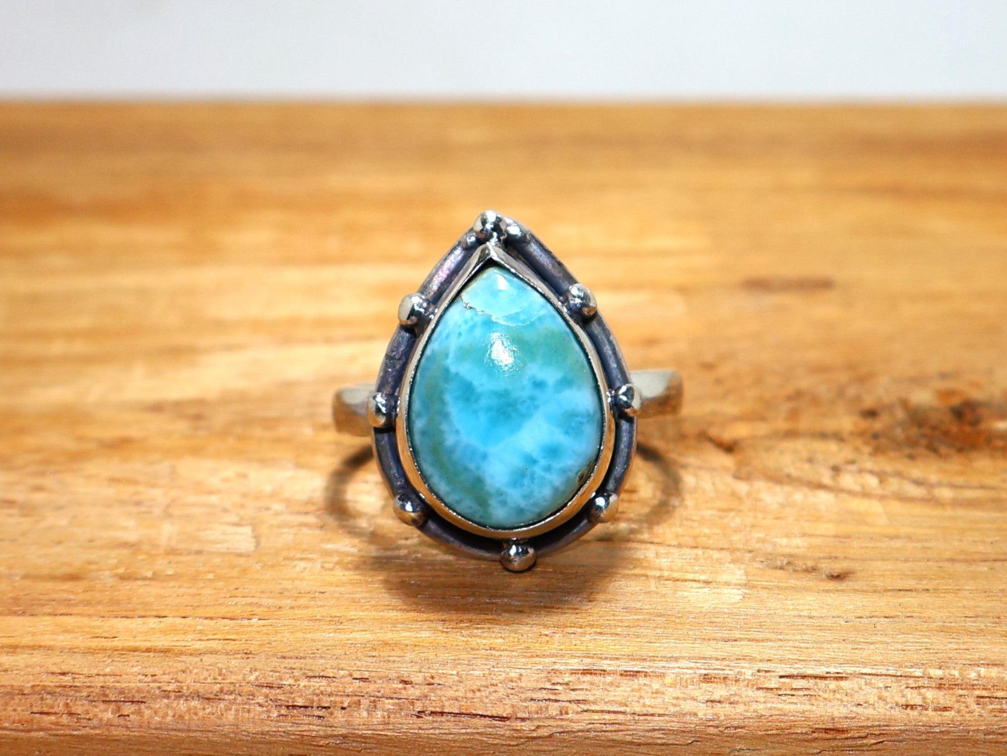 Natürlicher Larimar-Ring, birnenförmiger Edelsteinring, handgefertigter Ring, massiver 925er Sterling Silber Ring, blauer Steinring, Statement-Ring, Valentinstagsgeschenk