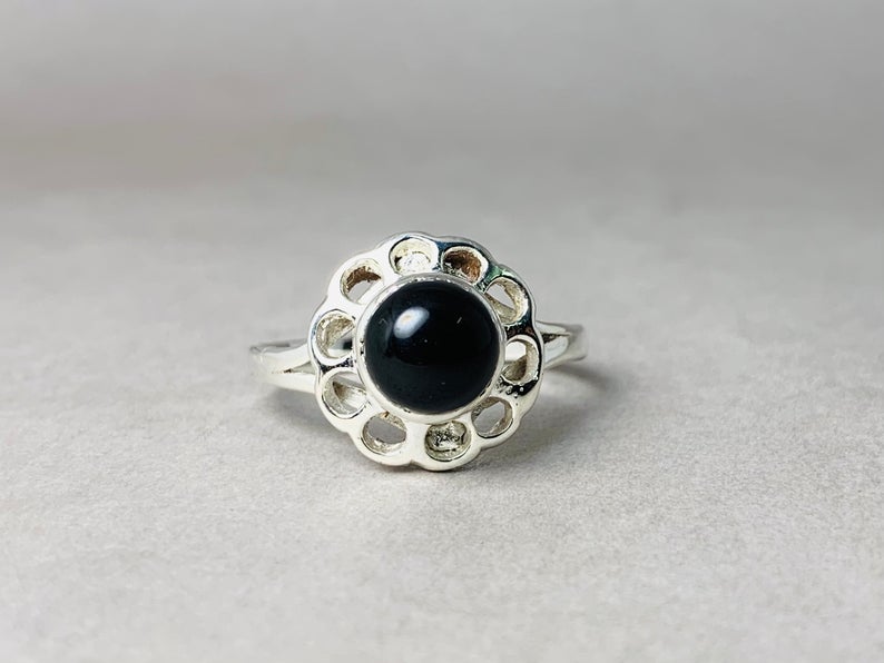 Schwarzer Onyx Ring 925 Sterling Silber Böhmischer Handgemachter Ring Runder Onyx Edelstein Ring Silber Damenring Dezember Geburtsstein Geschenkring