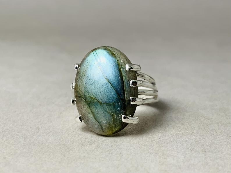 Ovale Labradorit Edelstein 925 Sterling Silber Handgemachter Böhmischer Statement Ring Geschenk Für Sie & Mama