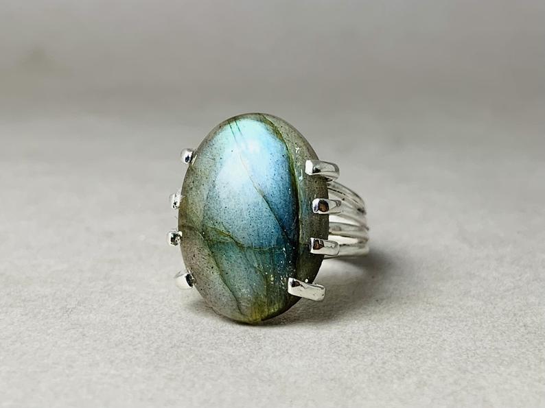 Ovale Labradorit Edelstein 925 Sterling Silber Handgemachter Böhmischer Statement Ring Geschenk Für Sie & Mama